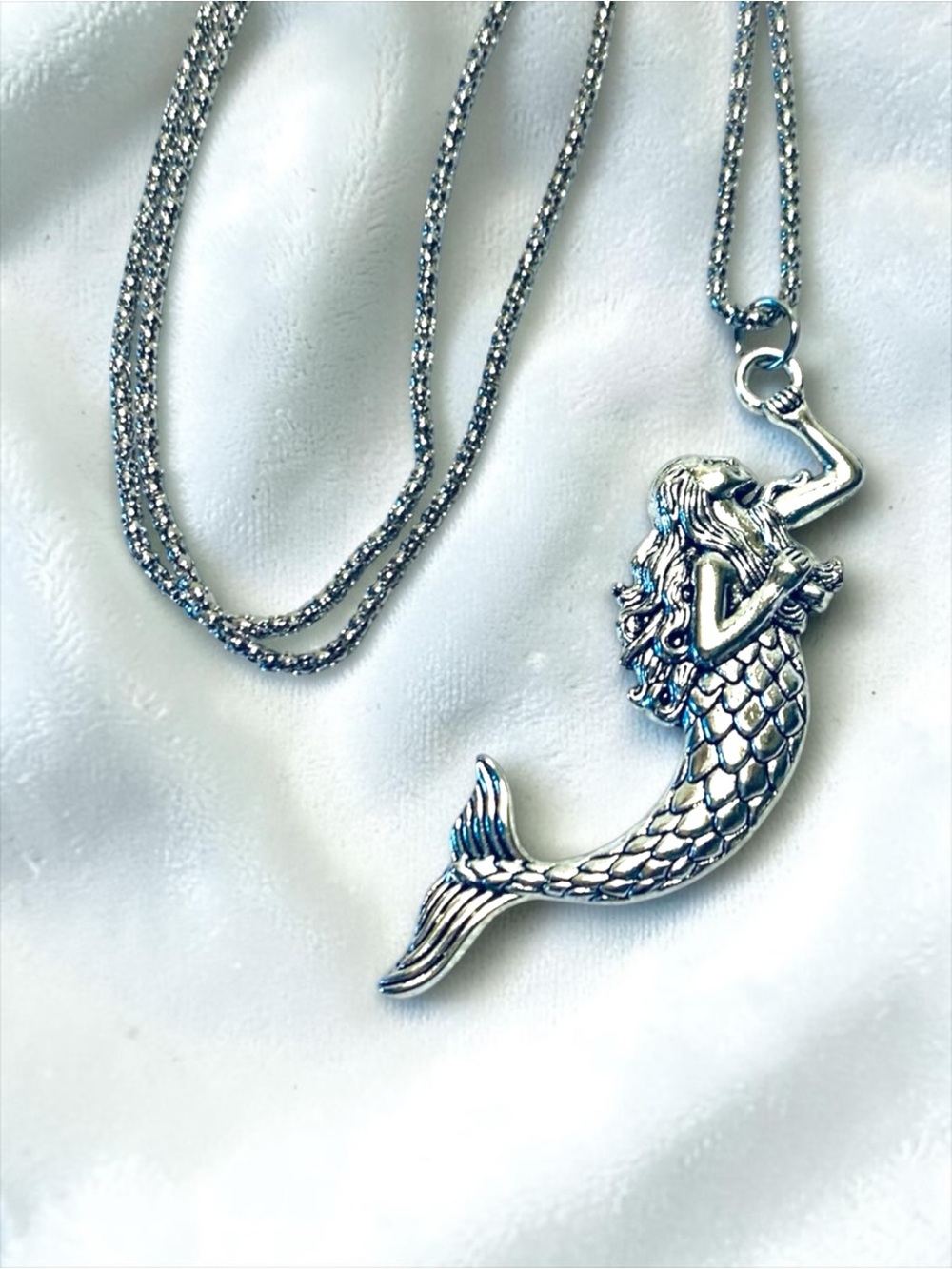 Sterling Silver-Tone Mermaid Pendant Necklace - Silver. Handmade - Picture 4 of 9